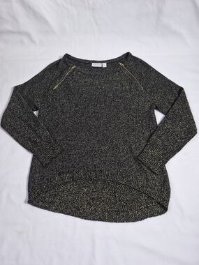 BISOU BISOU Sweater Women's Size S Black Gold Metallic Front Sizes Zip Boatneck